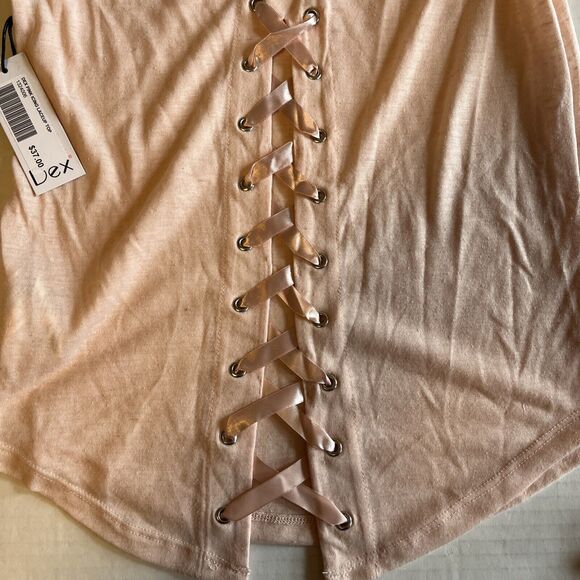 Dex Juniors Women’s Pink Icing Lace-Up Poly-Linen Blend T-Shirt Top Size XS - Picture 6 of 10
